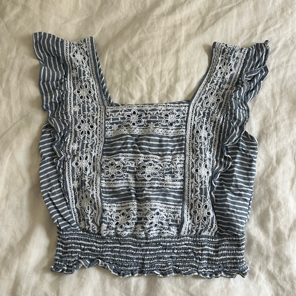 Blue and White Striped Lace Top